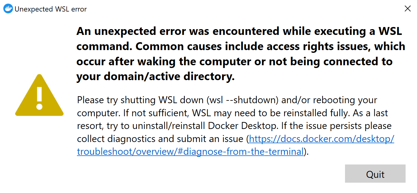 An unexpected error was encountered while executing a WSL command
