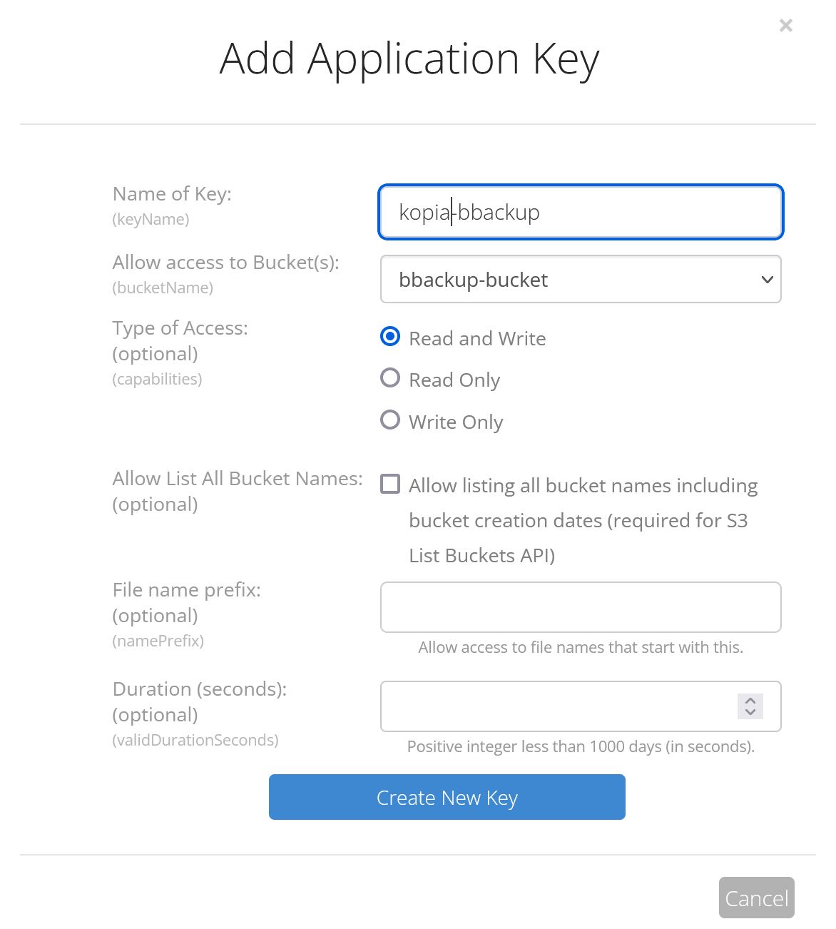 Backblaze add new application key