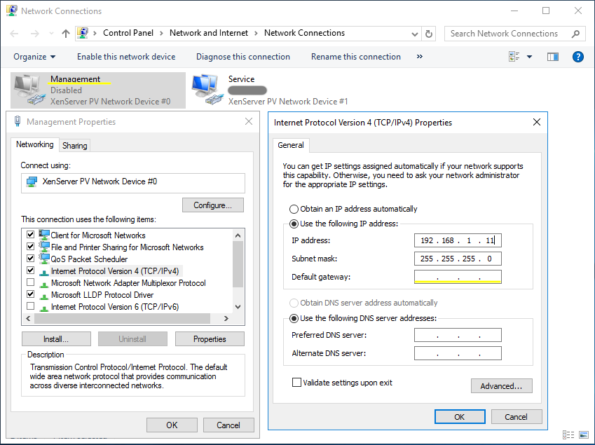 Windows management adapter settings