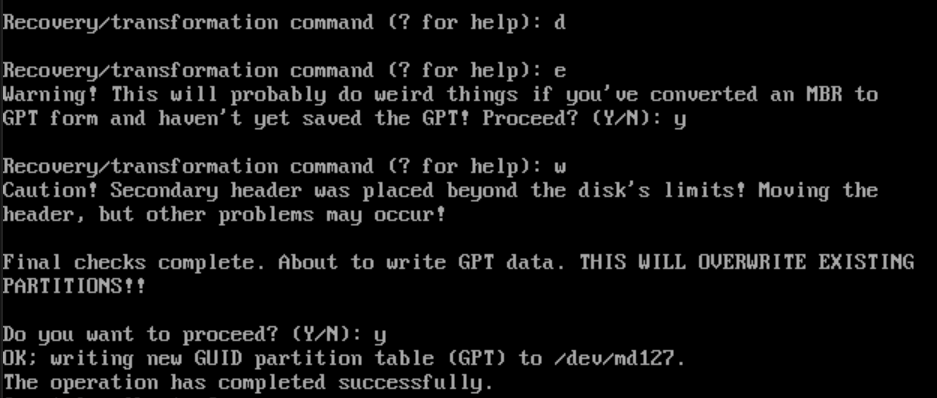Восстановление резервной области GPT на md127