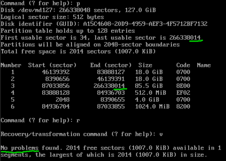 Проверка GPT на md127 на ошибки после восстановления
